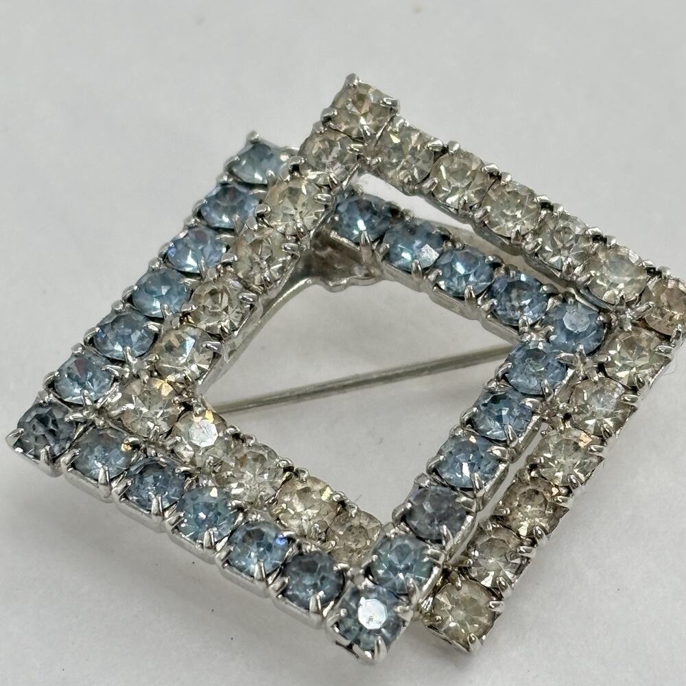 Vtg Art Deco Blue Clear Rhinestone Square Brooch Pin Silver Tone